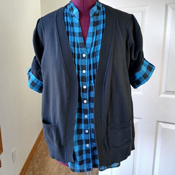 GNW Indigo Teal Layered Look Cardigan Blouse L plaid pintuck tunic roll sleeve - Picture 5 of 16